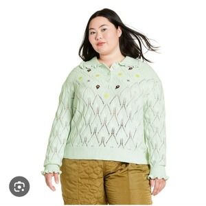 Sandy Liang Target Sz 2X Green Floral Embroidered Frilly Collared Eyelet Sweater